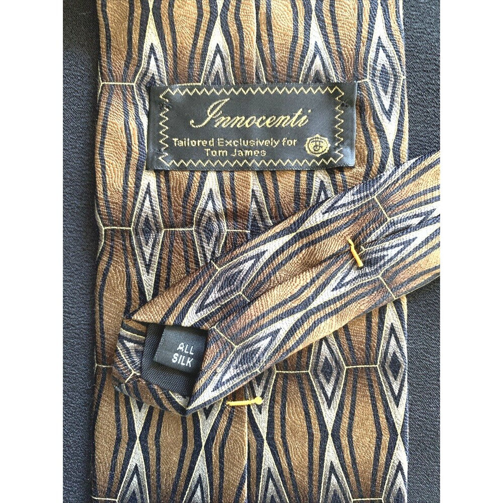 Vtg 90s 00s Innocenti Tom James Silk Long Neck Tie Brown Silver Diamond Textured